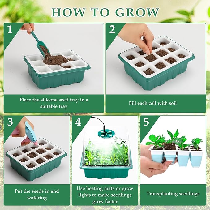 5 PCS Reusable Seed Starter Tray, 60 Cells Seed Starter Kit with Flexible Pop-Out Cells, Seedling Starter Trays for Seed Starter, Indoor Greenhouse Seeding Planting Growing