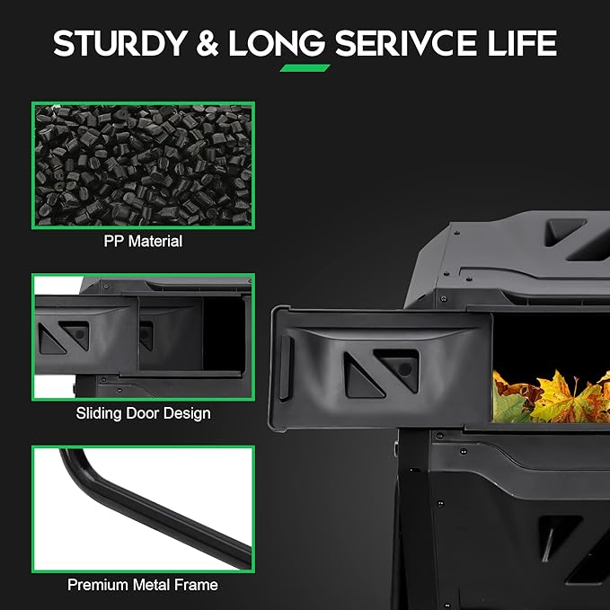 F2C Compost Bin Outdoor 43 Gallon Garden Dual Chamber Composter Bin - Bundled with Pearson's Gardening Gloves, BPA Free, Heavy-Duty Steel Frame, Rotating Tumbler with Sliding Doors -Black