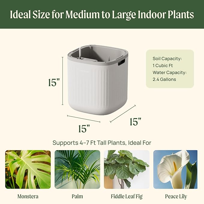 15 Inch Self-Watering Planter for Indoor Plants – Large Modern Plant Pot with Built-In Water Reservoir, Ideal for Monstera, Fiddle Leaf Fig, Palms & Peace Lily, Without Trellis, Twin Pack, Cream White
