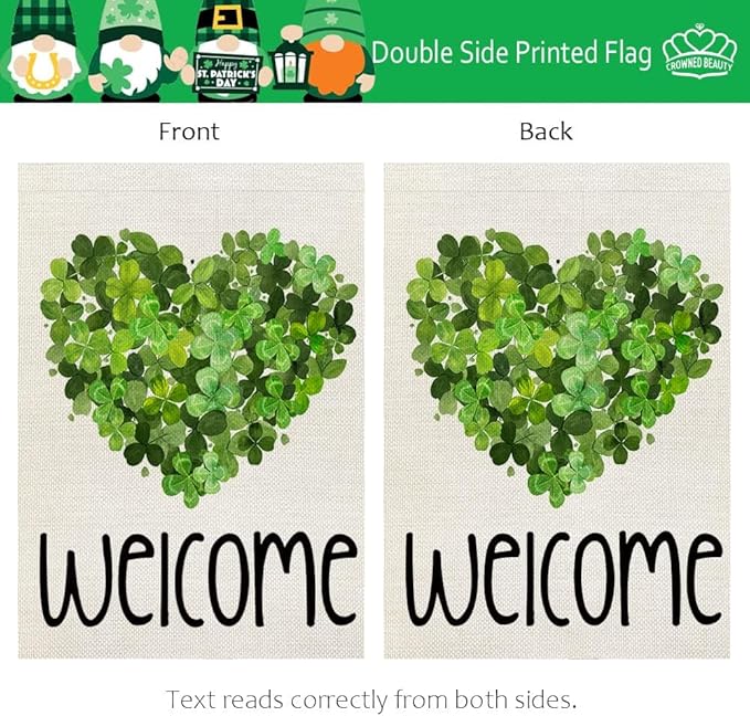 CROWNED BEAUTY St Patricks Day Garden Flag Shamrocks Heart 12x18 Inch Double Sided for Outside Green Small Burlap Welcome Holiday Yard Decoration