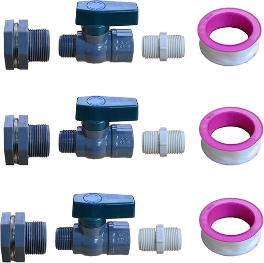3 Pack 3/4 Inch Rain Barrel Spigot Kit, Water Barrel PVC Garden Diverter Kit with Bulkhead Fitting Hose Faucet Adapter and Thread Seal Tape for Water Tanks,Aquariums,Tubs,Pools,Garden Barrels