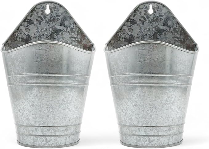 Hosley Set of 2 Galvanized Wall Hanging Planter 10 Inch High, Ideal Gift for Floral Arrangement, Wedding, Home Décor, Office Party DIY Indoor Outdoor Garden Patio
