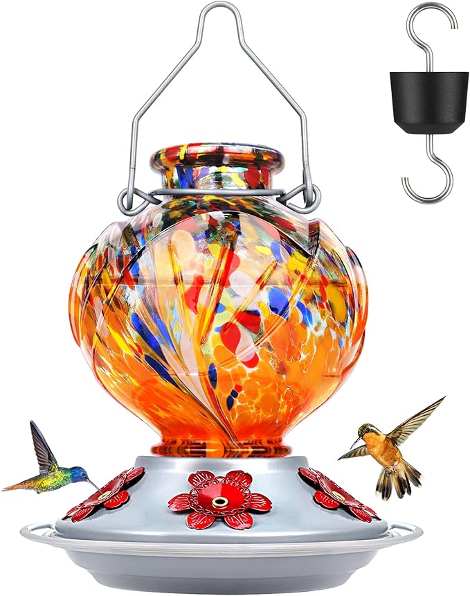 BOLITE Hummingbird Feeder, Hand Blown Glass Hummingbird Feeders for Outdoors Hanging, with 5 Feeding Ports, 22 Ounces, Peony Flower Shape, Orange, Gifts for Women Men, Gifts for Mom Dad