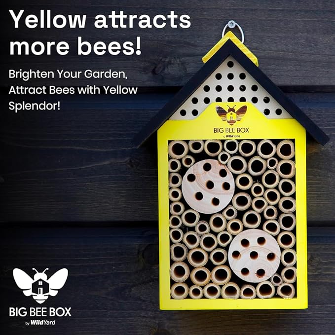 WildYard Bee House - Yellow, Modern Wood - Weather-Resistant Refuge & Solitary Bee House - Easy-Mount Design & Bug Hotel with Removable Tubes - Modular Nesting Tubes & Pollinator Hotel Appeal