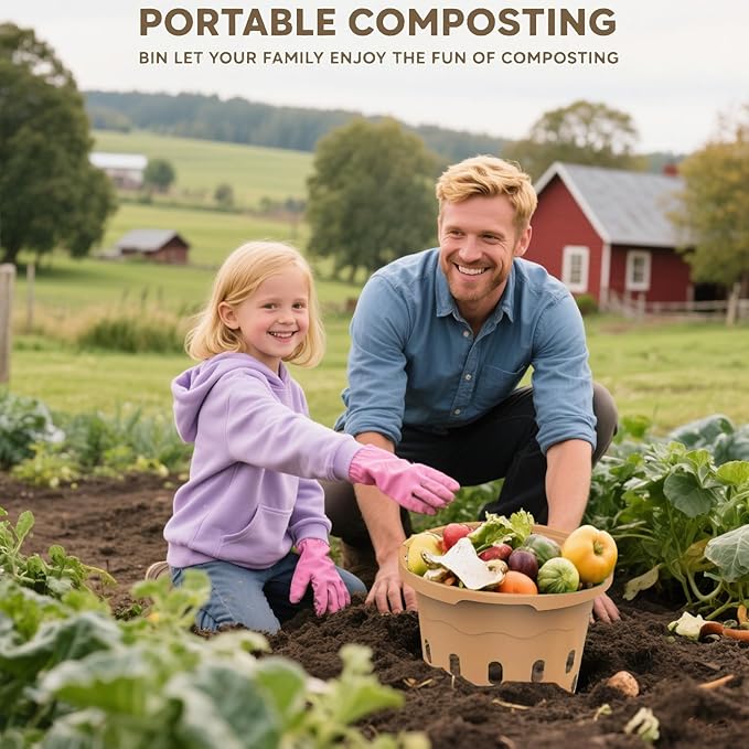 2-Pack InGround Compost Bin for Garden Beds, 8L Worm Composter Farm for Faster Composting, Worm Composter Kit with Aeration, Animal-Proof Lid for Beginners (9.5x9.5x10.8Inch) (2, Gold)