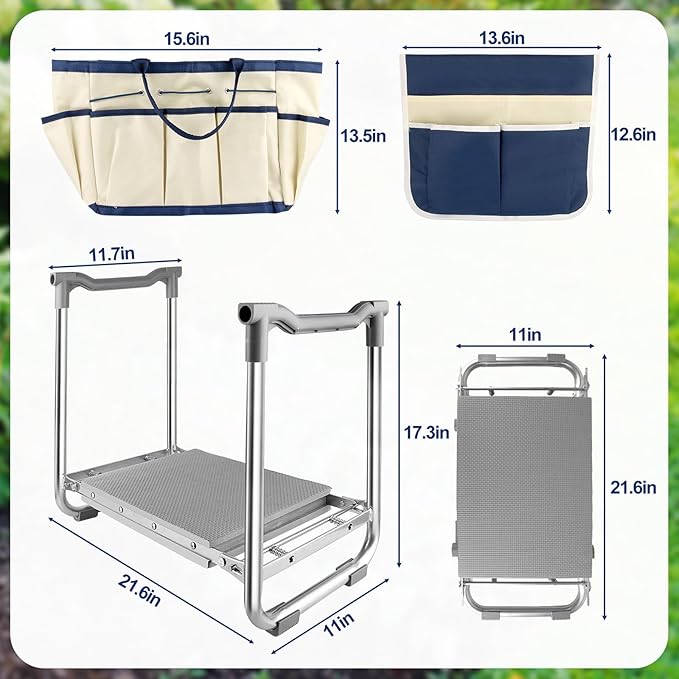Foldable Garden Kneeler and Seat, Thicken & Widen Soft Pad for Kneeling and Sitting to Prevent Knee& Back Pain, Heavy Duty Garden Stool with 2 Large Tool Pouches, Gardening Gifts for Women Men Seniors