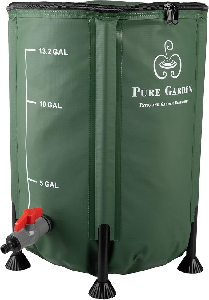 Rain Barrel - 13.2-Gallon/50-Liter Collapsible Water Container for Catching Rainwater - Portable Water Tank with Outflow Valve by Pure Garden (Green)