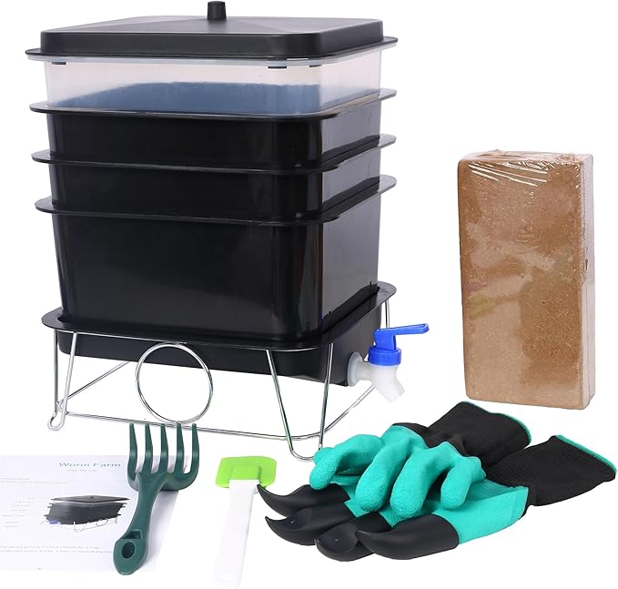 4-Layer Worm Bin with Worm Farm Kit, 20L Worm Composter Indoor & Outdoor with A Tap for Recycling Food Waste, Worm Castings, Easy Setup (Black, 4-Layer)