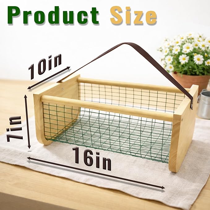 Garden Hod Harvest Basket, 16 x 10 x 7in Gardening Harvest Baskets with Leather Handle, Solid Wood with PVC Wire Mesh, Garden Baskets for Gathering Vegetables