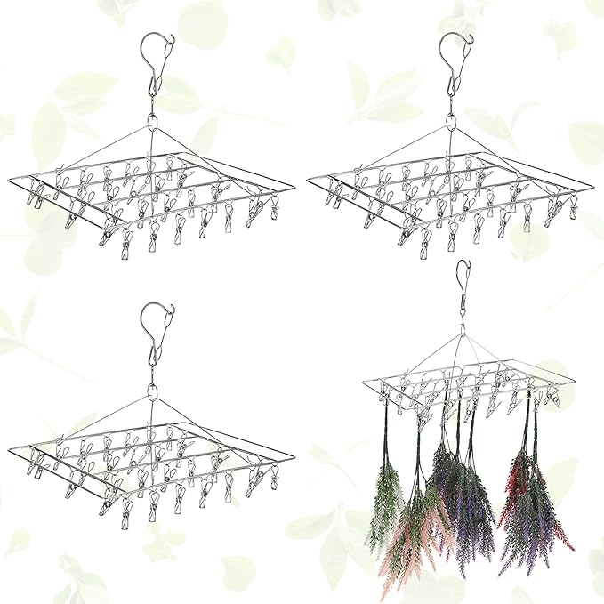 Tobeelec 4 Pcs Hanging Drying Rack for Herb Macrame Flower Drying Rack with 30 Stainless Clip Herb Dryer Hooks for Drying Herb Air Plants Spices Flowers Hydroponic Plants