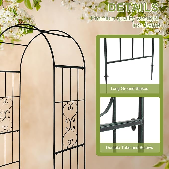 Outvita 7.3FT Garden Arch Arbor, Heavy Duty Metal Arbour Archway, Decorative Frame Stand Trellis with Ground Stakes for Wedding Ceremony Party Plant Climbing Rose Vines Lawn Patio Black