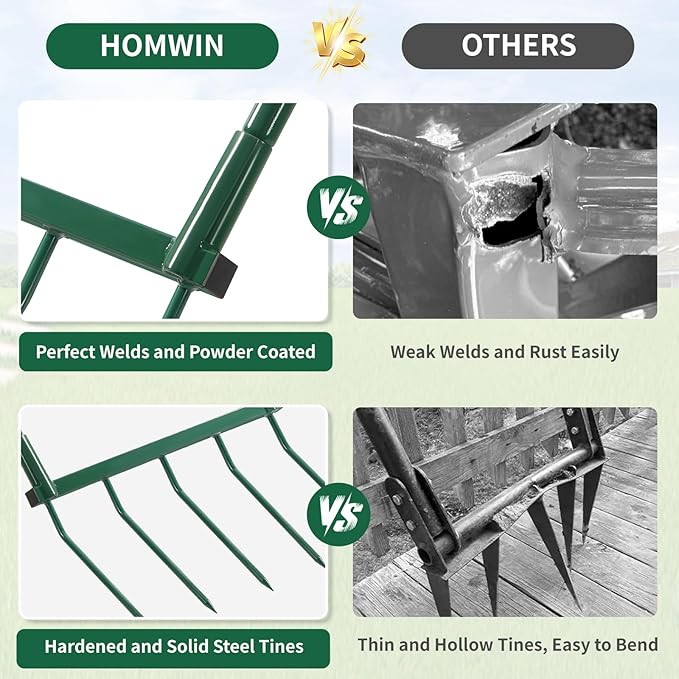 Broadfork Garden Tool with Steel Handle Heavy Duty Five Tines Broad Fork for Gardening Loosening and Aerating Soil, U-Shaped Design Hand Tiller, Compost Turner and Aerator
