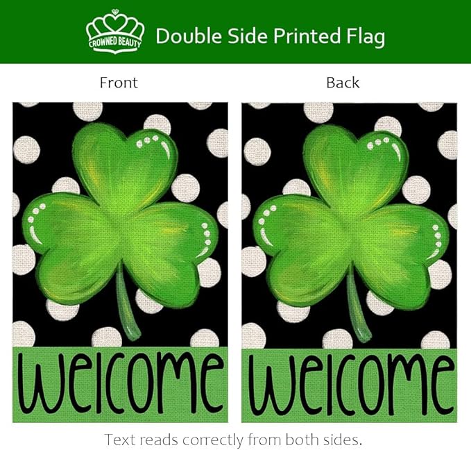 CROWNED BEAUTY St Patricks Day Shamrock Garden Flag 12×18 Inch Double Sided Green Clover Small Burlap Welcome Polka Dots Holiday Yard Flag for Outside
