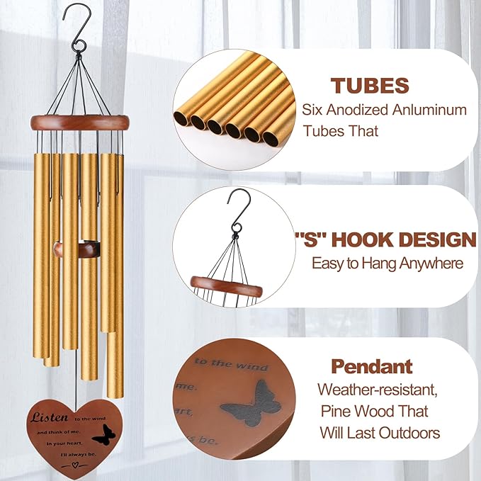 Memorial Wind Chimes for Loss of Mother or Father – Personalized Sympathy Wind Chimes for Outside, Bereavement Gift for Loss of Loved One, Unique Outdoor Memorial Gifts – Gold