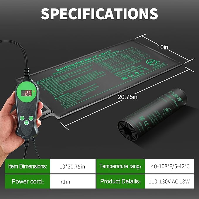 Bestio Seedling Heat Mat with Thermostat Combo Set,10 x 20.75in UL & MET-Certified Plant Heating Mat for Seed Starting,Hydroponic Plant,Heat Mat for Plants for Gardening,Greenhouse