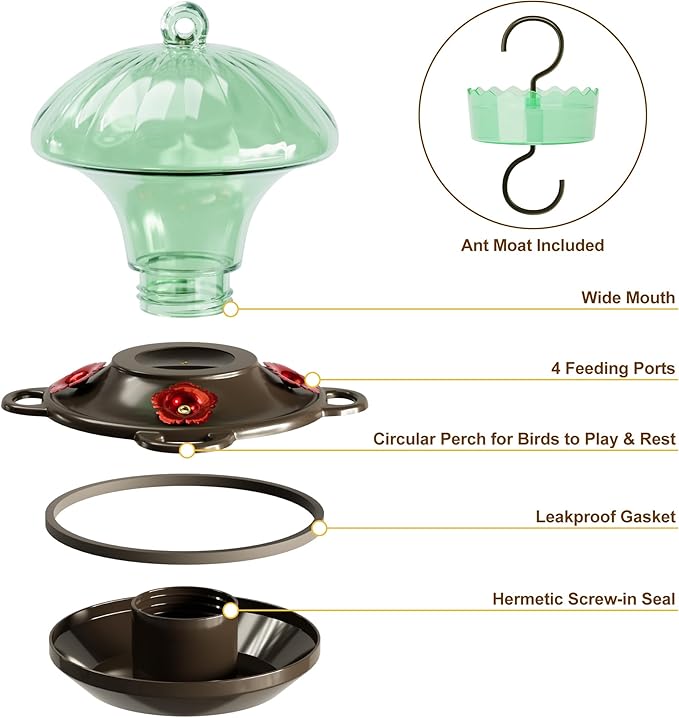 Hummingbird Feeder, Auslar 15 Ounces Glass Hummingbird Feeders for Outdoors Hanging Ant and Bee Proof, Ant Moat & 4 Flower Feeding Ports, Rustproof, Leakproof, Mushroom Shape, Green