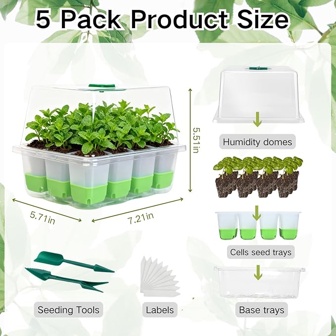 Silicone Seed Starter Tray with Humidity Dome, Indoor Seedling Starter Kit, 5-Pack Flexible Germination Trays - Adjustable Vent, Reusable & Dishwasher Safe for Herbs/Vegetables/Flowers