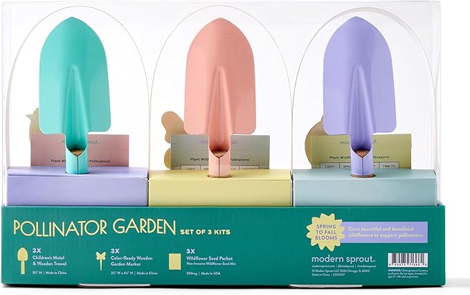 Modern Sprout Pollinator Garden Gift Set - Easter Gifts for Kids, Educational Gardening Tools for Little Gardeners - Eco-Friendly Kids Gardening Set w/Trowel, Wooden Markers & Wildflower Seeds (3pk)