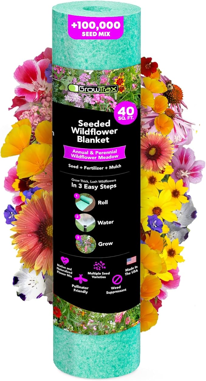 Growtrax Easy-Grow Wildflower Seed Mat - 40 sqft Annual & Perennial Mix - Eco-Friendly Bio Fabric, Ideal for Spring Planting, Flower Display, Pots, Beds & Walkways - Attracts Butterflies & Bees