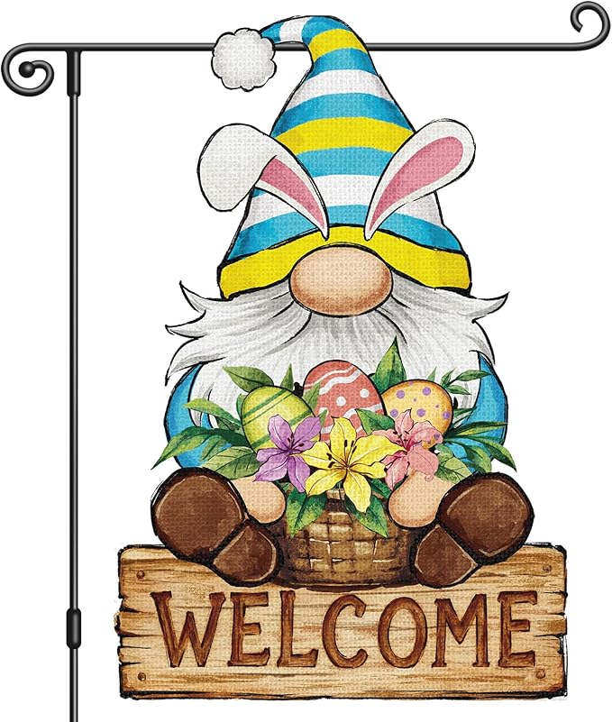 Heyfibro Welcome Easter Garden Flag Banner Double Sided 12.6x18.9 Inch Bunny Gnome Garden Flag Small Yard Flags for Outside House Farmhouse Holiday Easter Outdoor Decorations