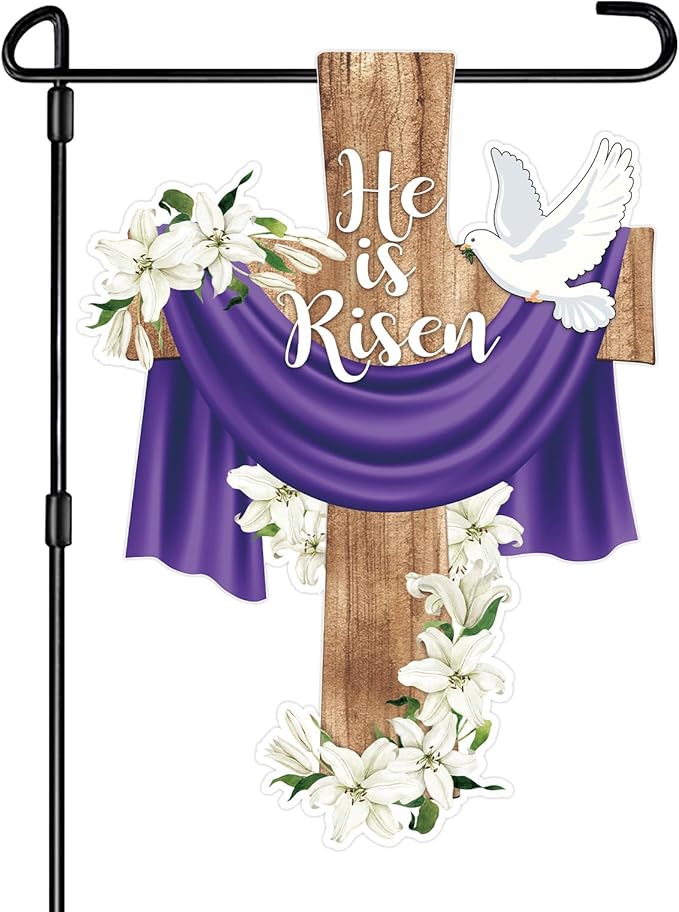 He is Risen Easter Garden Flag Banner Outdoor Decorations for Outside Double-Sided Printed, Cross Rise Christian Jesus Lily Flowers Bunting Yard Flags House Yard Spring Seasonal Decoration