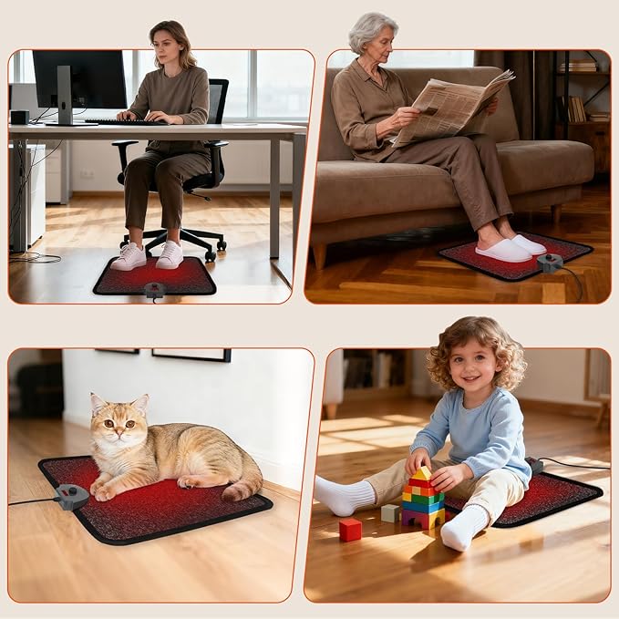 Heated Floor Mat Under Desk for Foot Warmer - Wider 110V Adjustable Temperature Electric Space Heaters Heating Pad - Carbon Crystal & Energy Saving Feet Warmers for Office,Home (Black Gray)