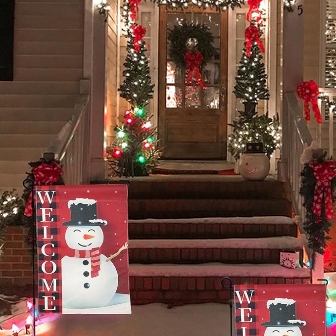 Christmas Garden Flag Decorations,12 * 18in Double Sided Snowman in Buffalo Plaid Scarf with "WELCOME" Sign Decor for Porch Yard Outdoor Holiday Festive Home Welcome