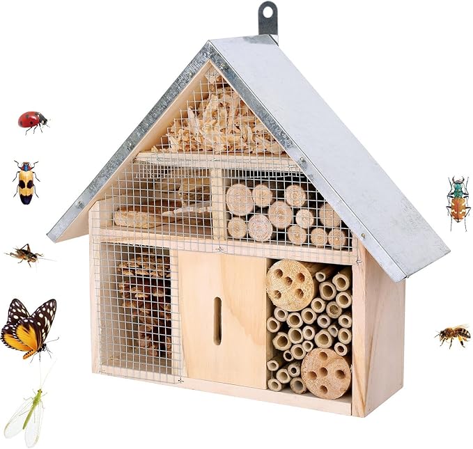 Hanging Bee House Wooden Insect House, Natural Habitat for Beneficial Bees, Bugs, Butterflys, Ladybirds Insect Hotels Garden Yard Home
