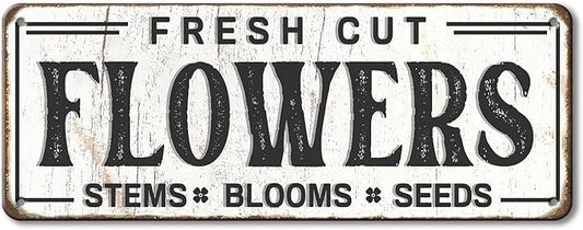 Fresh Cut Flowers Sign, Metal, 6x16 inches, Vintage Farmers Market Art, Flower Shop Wall Decor, Garden Sign