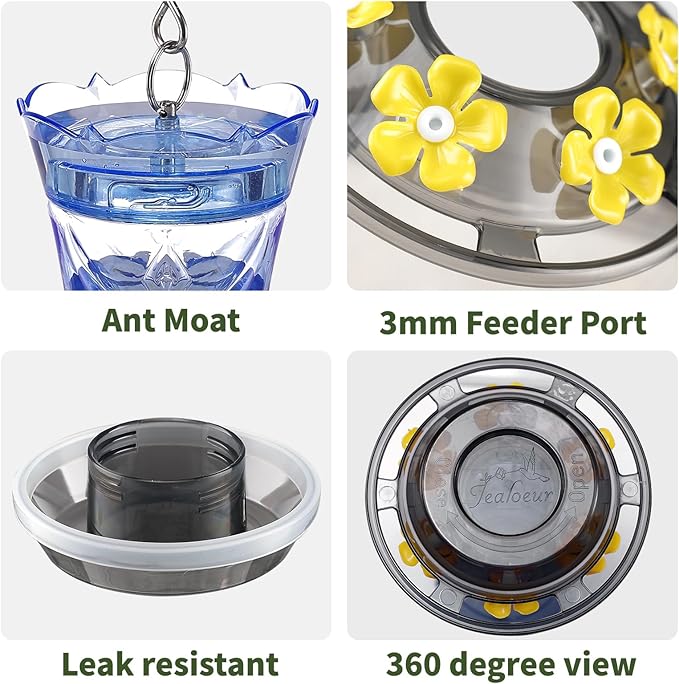 Hummingbird Feeder for Outdoors Hanging, 18 OZ Humming Birds Feeders with 6 Bee Guard Feeding Ports & Built-in Ant Moat, Easy to Clean, Durable Outdoor Garden Decor, Blue