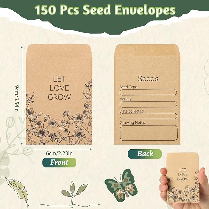 150 Pieces Seed Envelopes 3.15 × 2.36 IN Seeds Packets Storage Organizer Self Adhesive Small Paper Sealing Envelopes for Flower Vegetable Seed Storage