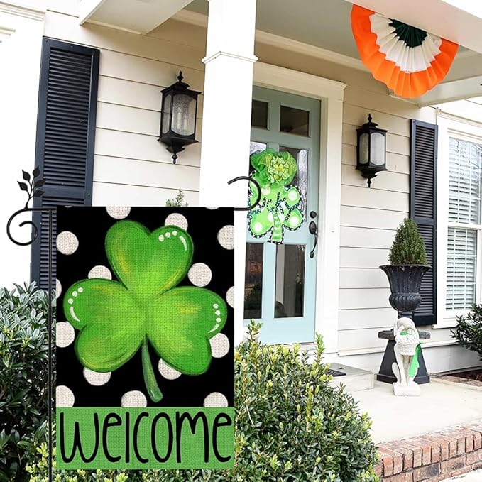 CROWNED BEAUTY St Patricks Day Shamrock Garden Flag 12×18 Inch Double Sided Green Clover Small Burlap Welcome Polka Dots Holiday Yard Flag for Outside