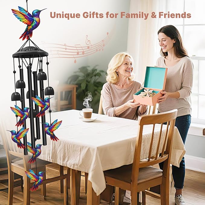 Hummingbird Wind Chimes for Outside, Black Metal Windchimes Outdoors, Hummingbirds Gifts for Women/Men, Garden/Yard Decor, Memorial/Birthday Gifts for Grandma/Mom, Durable Chimes for Outdoors