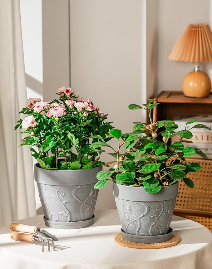 Melphoe Plant Pots Indoor with Drainage & Saucer, 2Pack 7/8 inch Flower Pots Outdoor Planters for Indoor Plants Garden Home Decor Cactus Succulent, Rigid Plastic (Imitation-Terracotta) Vine-Embossed