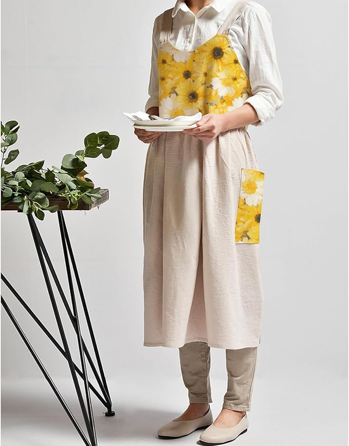 Uaussi Cotton Linen Apron Cross Back Work Apron for Women with Pockets Pinafore Dress X Cross Halter Apron for Chef Gardening
