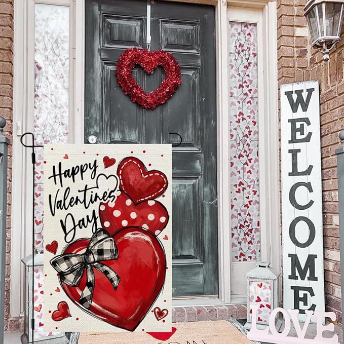 CROWNED BEAUTY Valentines Day Hearts Garden Flag 12x18 Inch Double Sided for Outside Small Burlap Love Red Holiday Yard Decoration
