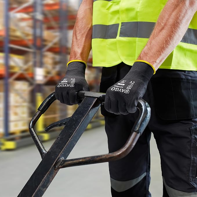 KAYGO Work Gloves for Men and Women,12 Pairs Seamless Knit PU Coated Safety Gloves, with Smooth Grip on Palm and Fingers, Ideal for Light Warehouse, Manufacturing, Gardening, KG11P (XS, Black)