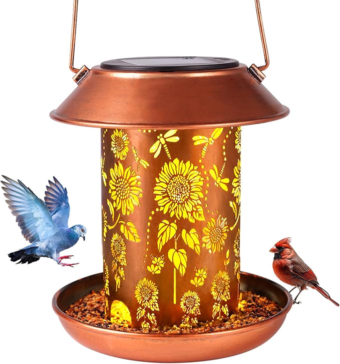 Solar Bird Feeders Outdoors Hanging Solar Lanterns Outdoor Waterproof Metal Wild Bird Feeder Decor Garden Gifts for Women Mom Bird Lovers,Decoration for Yard,Patio,Lawn