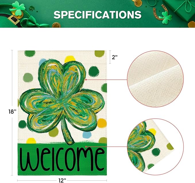 AVOIN colorlife St Patricks Day Garden Flag 12x18 Inch Double Sided Outside, Shamrock Clover Polka Dots Welcome Yard Outdoor Flag