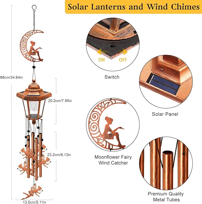 Large Solar Moon Fairy Wind Chimes with Wind Catcher/Solar Decor Light to Create a Zen Atmosphere Suitable for Outdoor, Garden, Patio Decor Classic Bronze Wind Chimes as A Memorial Gift for Unisex