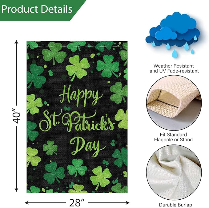Louise Maelys Happy St Patrick's Day Garden Flag Clover Shamrock Welcome 28x40 Inch Double Sided Large Burlap Saint Patricks Spring Holiday Yard Outdoor Outside House Decor
