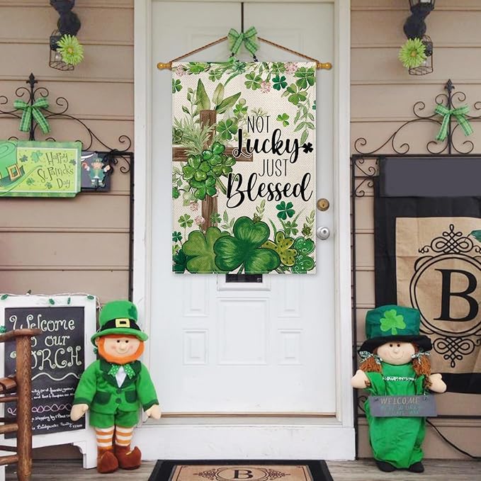 AVOIN colorlife St Patricks Day House Flag 28x40 Inch Double Sided Outside, Not Lucky Just Blessed Shamrocks Clovers Cross Yard Outdoor Flag