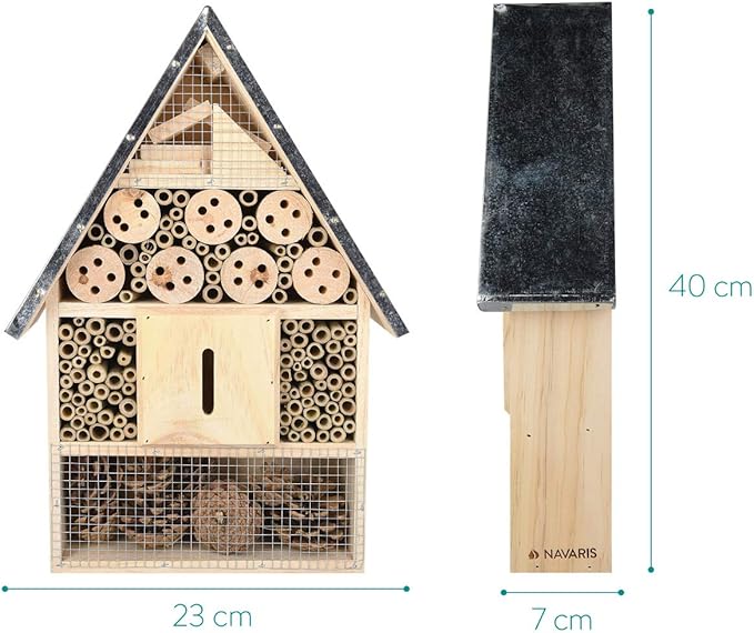 Navaris XL Wooden Insect Hotel - 9 x 16 x 3 Inches - Natural Wood Insect Home Bamboo Nesting Habitat - Garden Shelter for Bees, Butterflies, Ladybugs