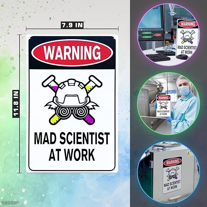 Mad Scientist Wall Decor Science Poster - 8x12" Mad Scientist At Work Warning Sign Science Gifts Mad Scientist Decor Chemistry Poster Wall Art Decor Metal Tin Sign - Aluminum Sign Science Posters
