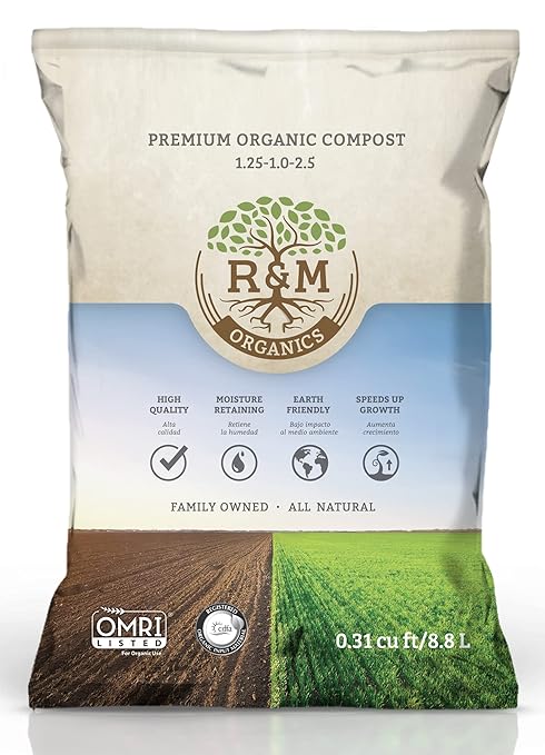 R&M Organics Premium Organic Compost; for Vegetables, Flowers, Plants, and Lawns - All Purpose Fertilizer - Moisture Retention - Low Odor - 10-Pound Bag