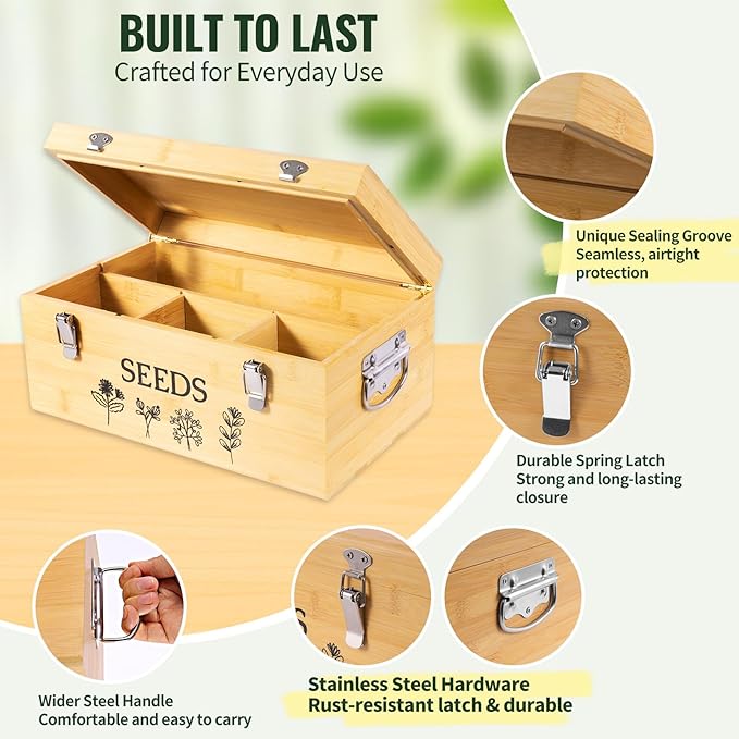 Large Bamboo Wood Seed Storage Organizer Box with Lid,Double-Layer Seal Design Seed Saving Box with 304 Stainless Steel Safety Lock,Handles,Extra Seed Envelopes and Labels (Wood)