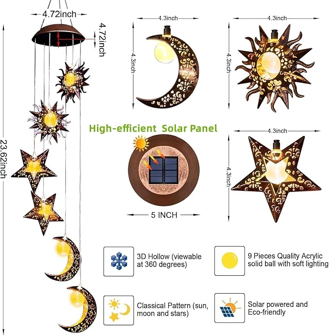 Solar Wind Chimes for Outdoor Lights Sun Moon Star for Women Mom Wife Hanging Decor Outdoor Sympathy Wind Chimes for Garden Patio Balcony Birthday Womens Gifts