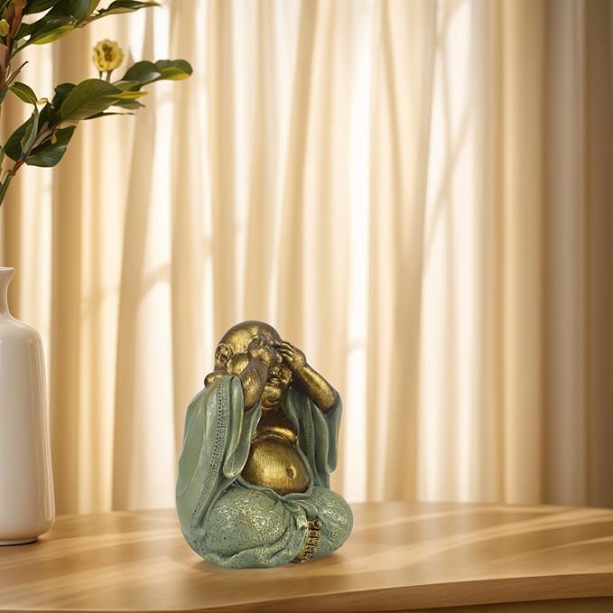 Laughing Buddha Statue - Gold Small Buddha Statues with Three Color Clothes for Home Decor (No See, No Speak, No Hear) - House Decor, Meditation & Feng Shui Gift (5.5 * 4.7 * 6.7")(Green)