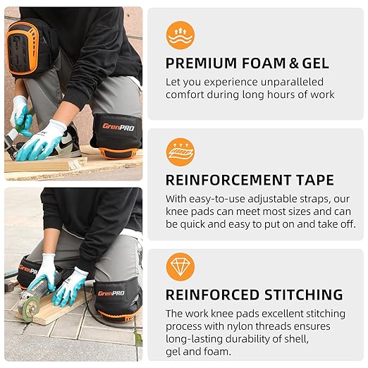 Professional Knee Pads for Work,Heavy Duty Thick Foam Knee Pads Tools,Knee Pad with Soft Gel Cushion for Construction,Work,Flooring,Gardening,Cleaning,Tiling,Orange