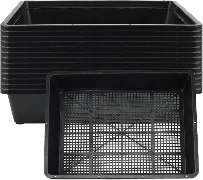 14 Pack 15 x 12 Inch Seed Starter Trays, Plastic Garden Mesh Bottom Plant Germination Trays, Black Growing Tray for Seedling, Microgreen, Soil Blocks, Wheatgrass, Hydroponic and Fodder Systems